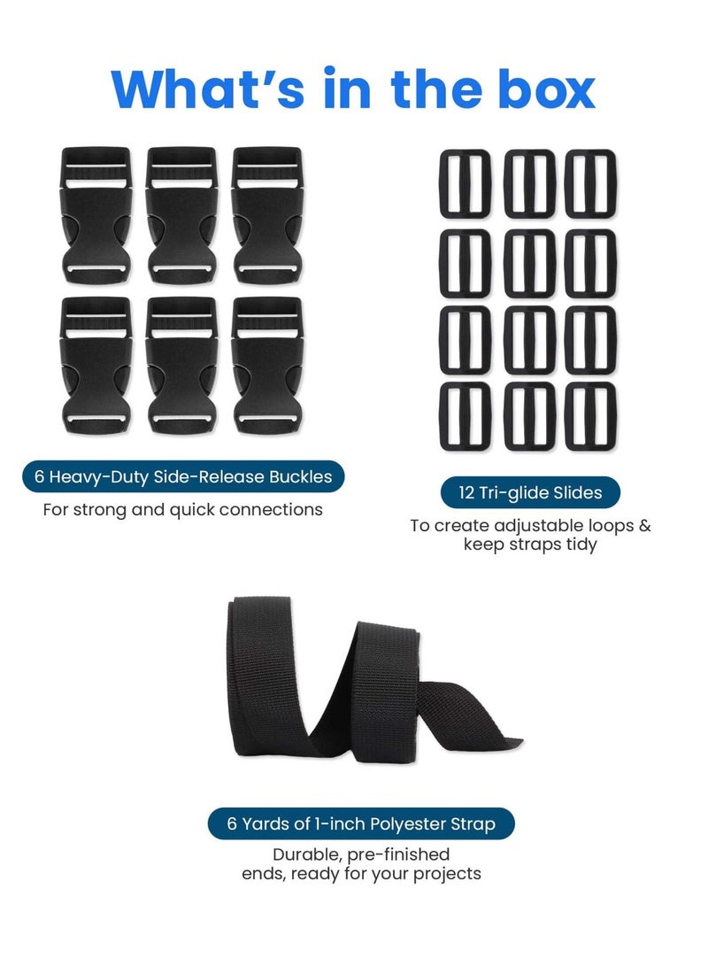 OSHIMA Buckle & Strap Kit, 6 Yards 1 Inch Wide Polyester Webbing Stronger Than Nylon 6 Heavy Duty Adjustable Quick Side Release Plastic Buckles & 12 Triglide Clips, Reusable Adjustable Extender Straps - Image 3
